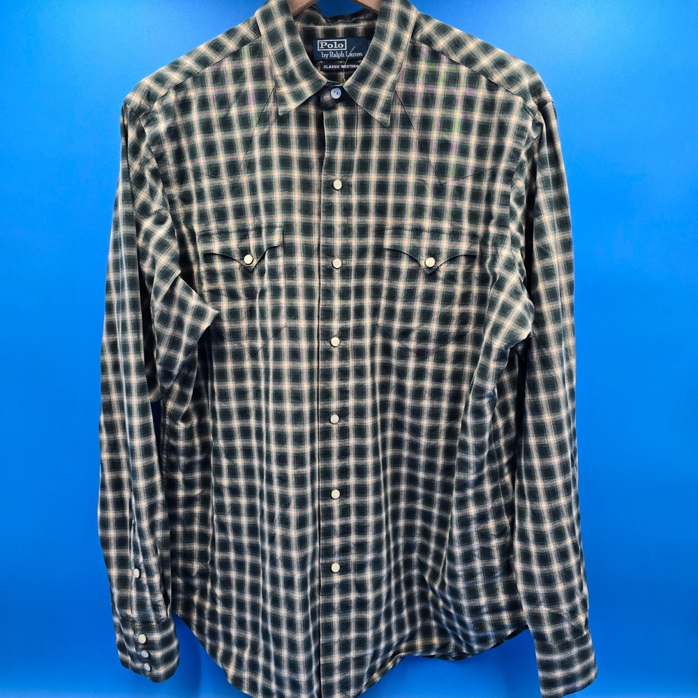 Polo Ralph Lauren Classic Western Pearl Snap Shirt Mens L Green Plaid Cotton